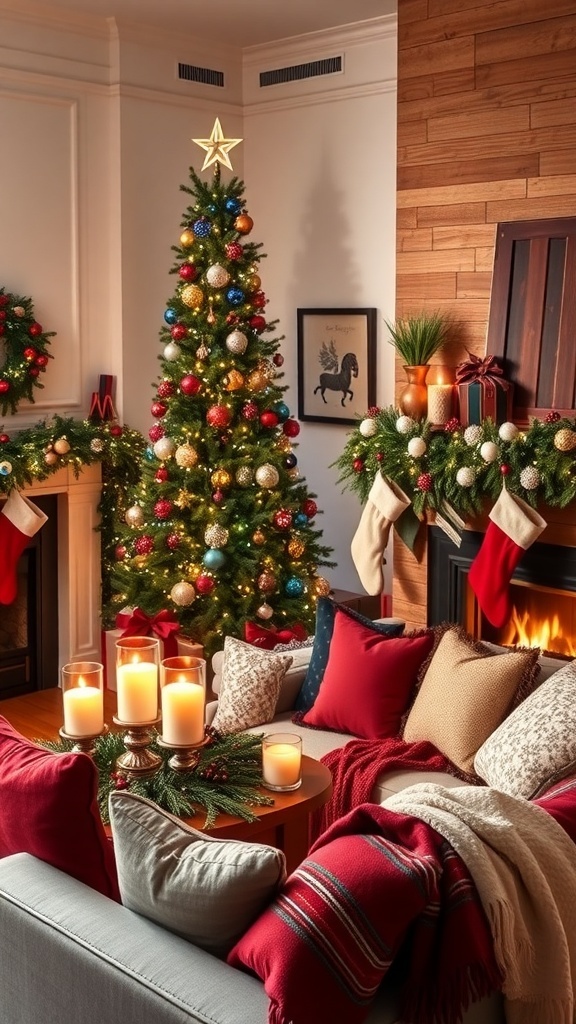 Christmas Room Decoration Ideas A cozy Christmas living room with a decorated tree, stockings on the mantel, and festive decor.